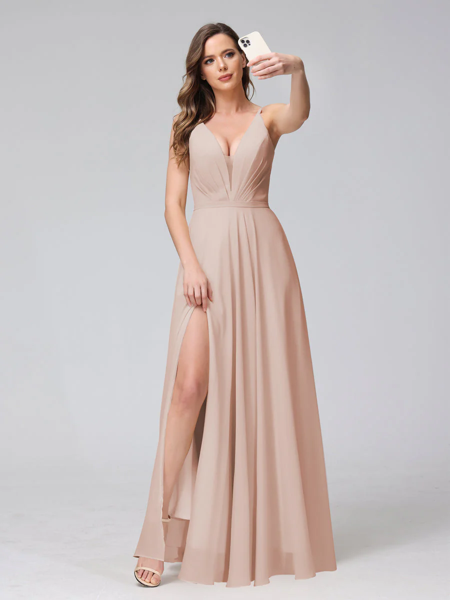 A-Line Spaghetti Straps V-Neck Sleeveless Long Chiffon Bridesmaid Dresses With Split Side - Image 28