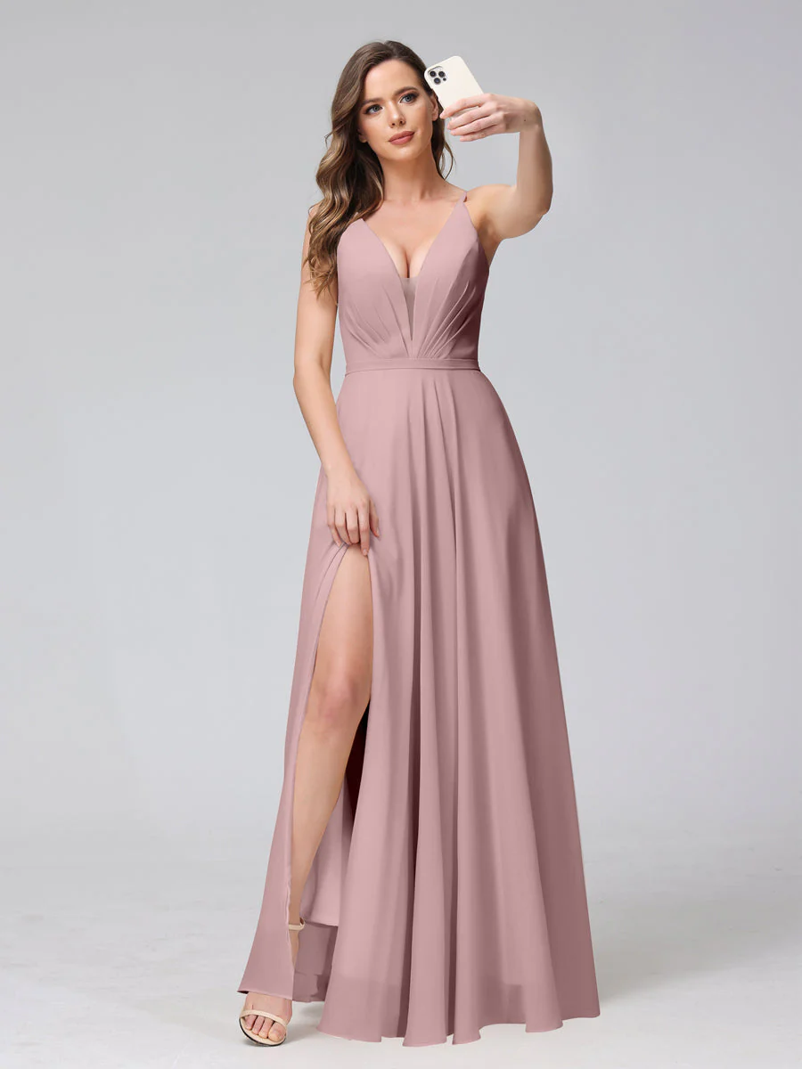 A-Line Spaghetti Straps V-Neck Sleeveless Long Chiffon Bridesmaid Dresses With Split Side - Image 30