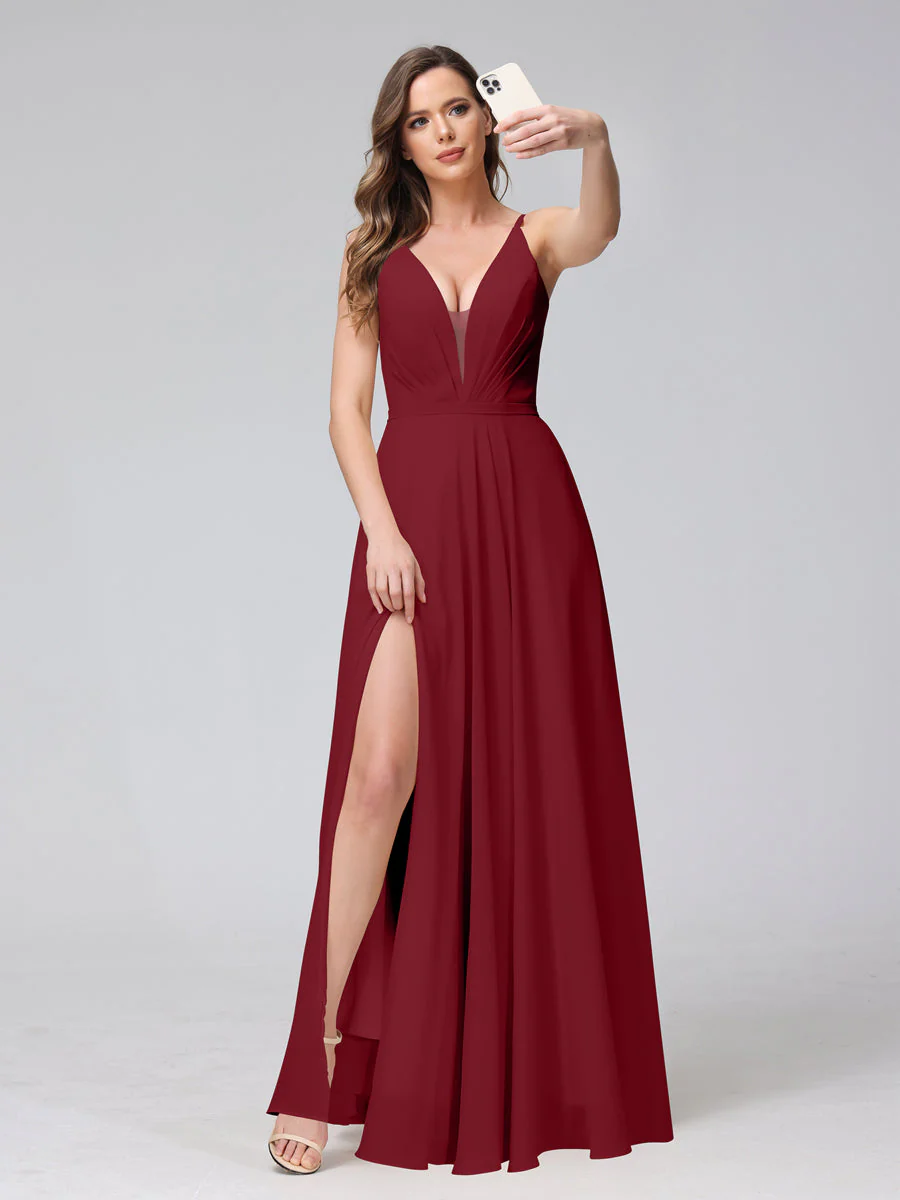 A-Line Spaghetti Straps V-Neck Sleeveless Long Chiffon Bridesmaid Dresses With Split Side - Image 37