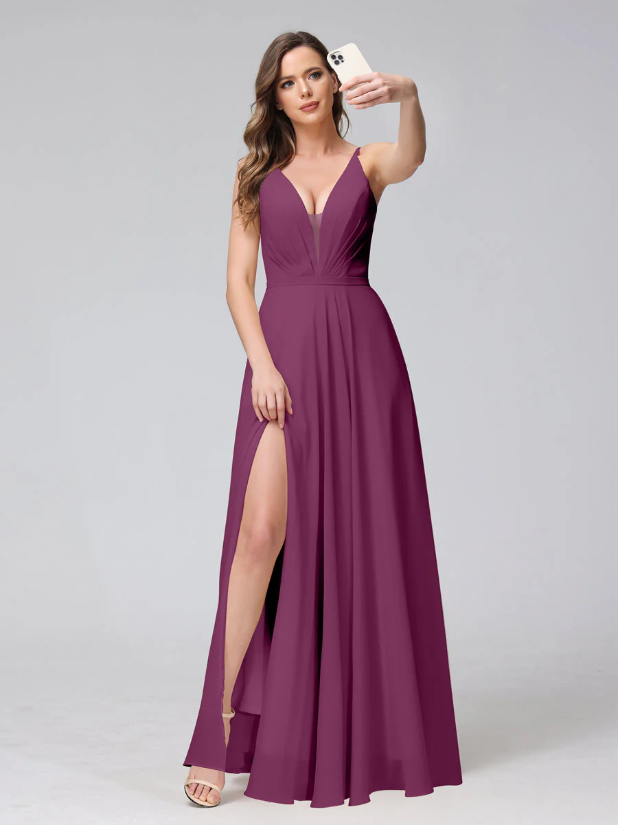 A-Line Spaghetti Straps V-Neck Sleeveless Long Chiffon Bridesmaid Dresses With Split Side - Image 44