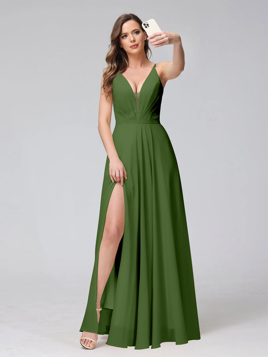 A-Line Spaghetti Straps V-Neck Sleeveless Long Chiffon Bridesmaid Dresses With Split Side - Image 65
