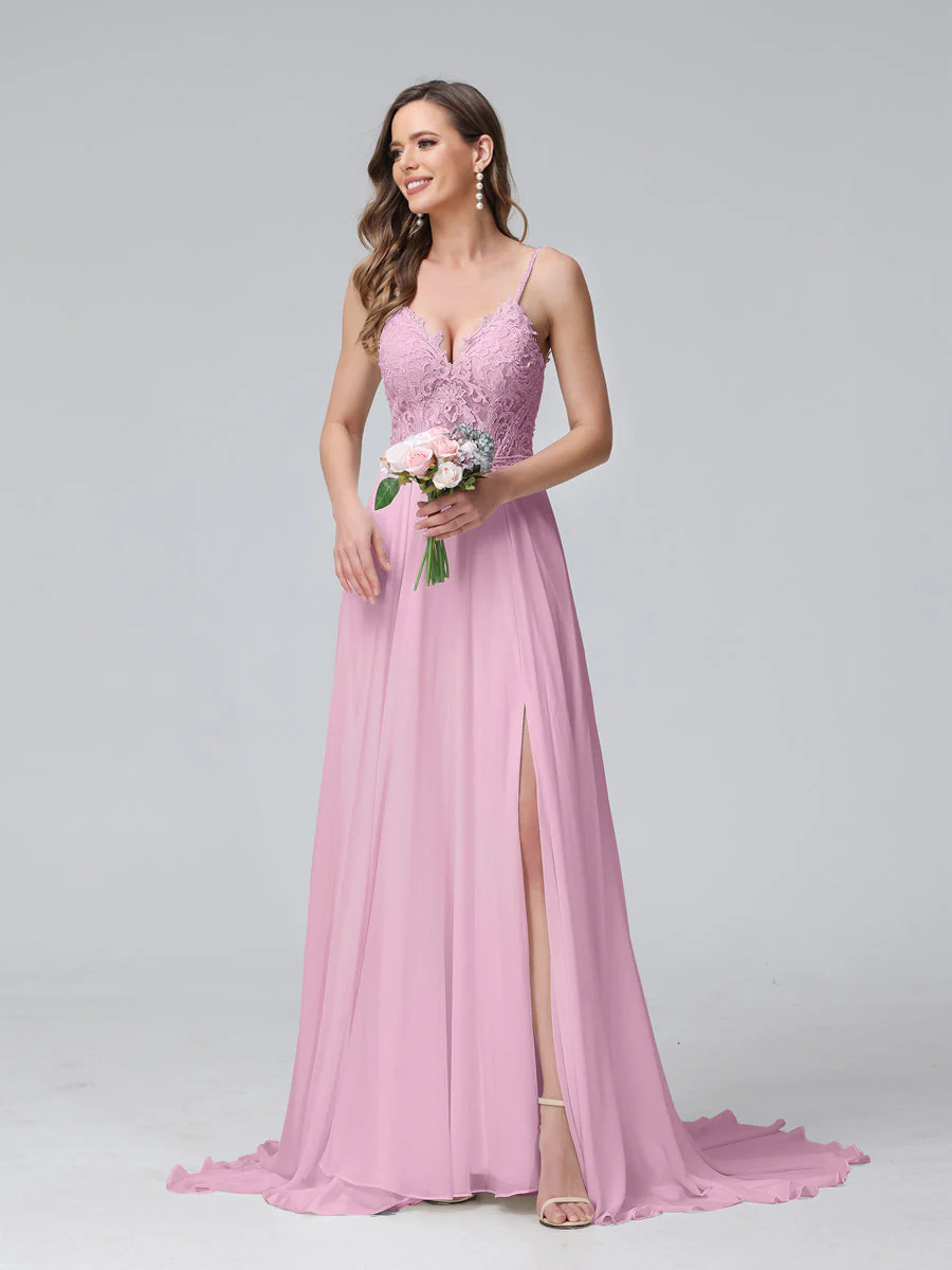 A-Line Spaghetti Straps V-Neck Sleeveless Long Chiffon Wedding Dresses With Applique Split Side - Image 10