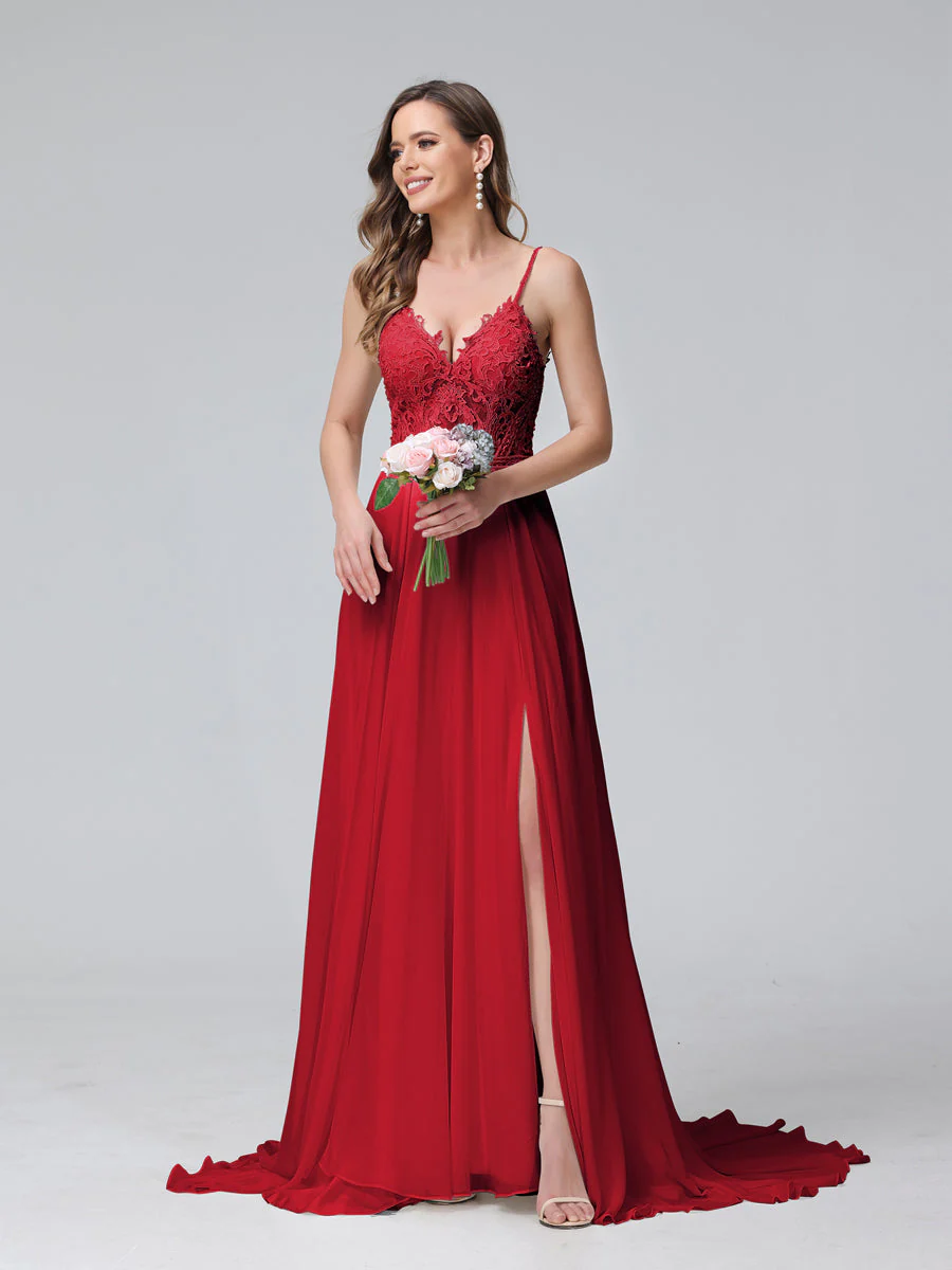 A-Line Spaghetti Straps V-Neck Sleeveless Long Chiffon Wedding Dresses With Applique Split Side - Image 11