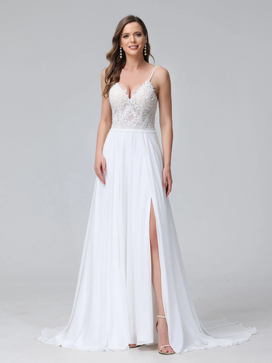 A-Line Spaghetti Straps V-Neck Sleeveless Long Chiffon Wedding Dresses With Applique Split Side - Image 3