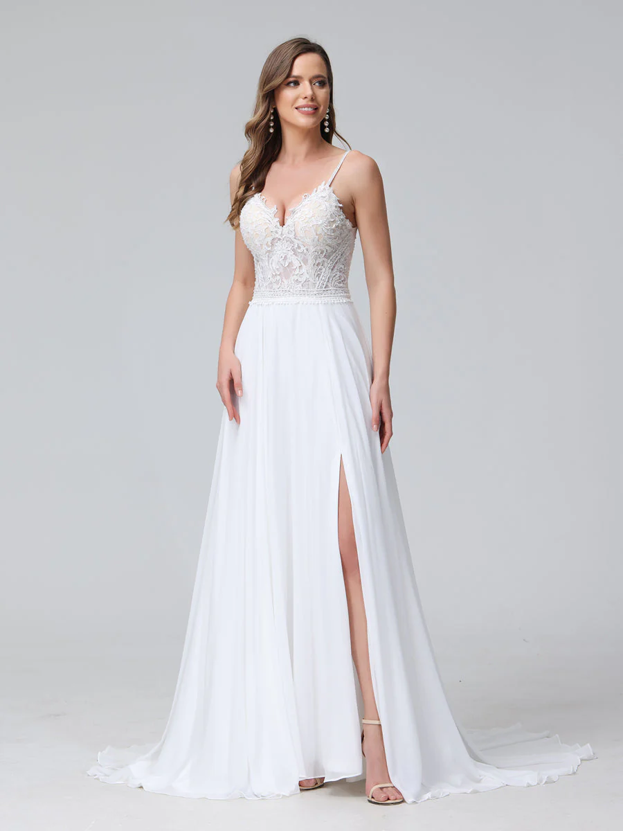 A-Line Spaghetti Straps V-Neck Sleeveless Long Chiffon Wedding Dresses With Applique Split Side - Image 4