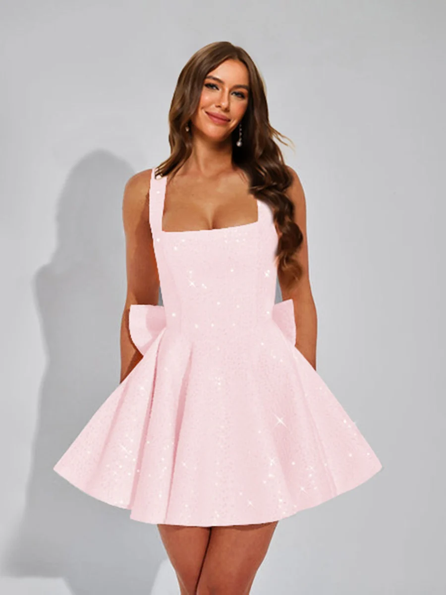 A-Line Square Neck Sequin Short Homecoming Dresses with Bow - Image 23