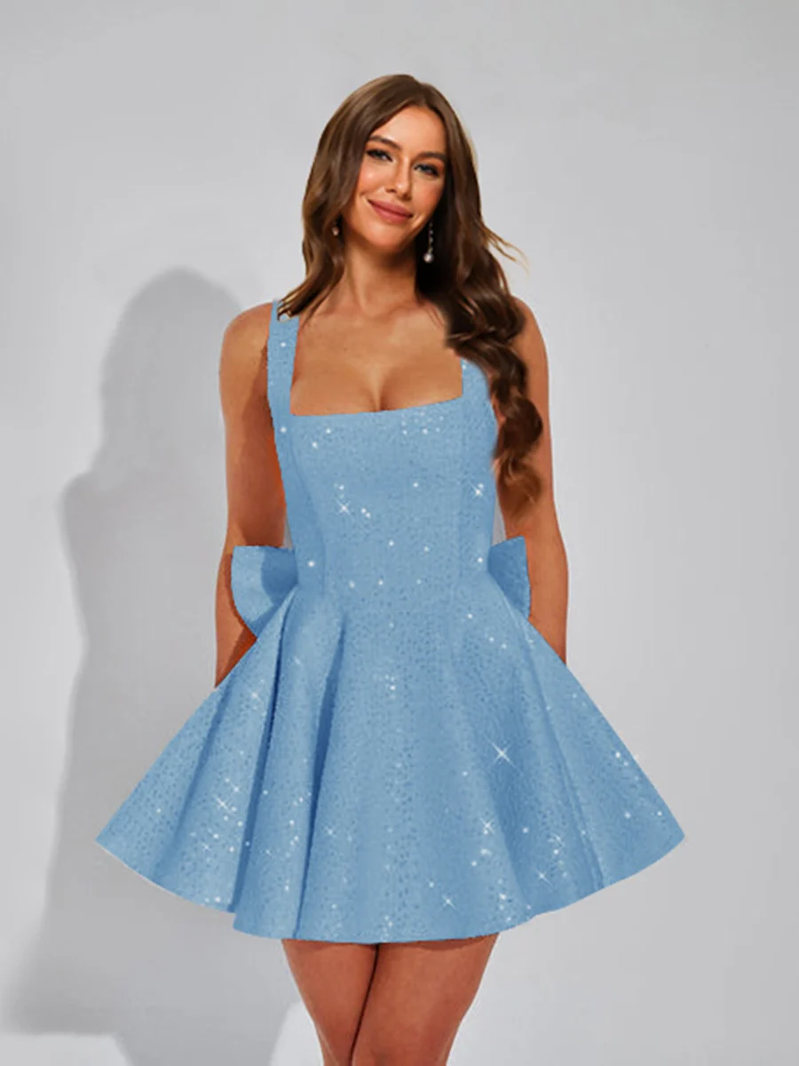 A-Line Square Neck Sequin Short Homecoming Dresses with Bow - Image 30