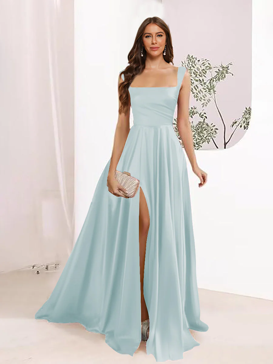 A-Line Square Neck Split Side Floor Length Bridesmaid Dresses - Image 21