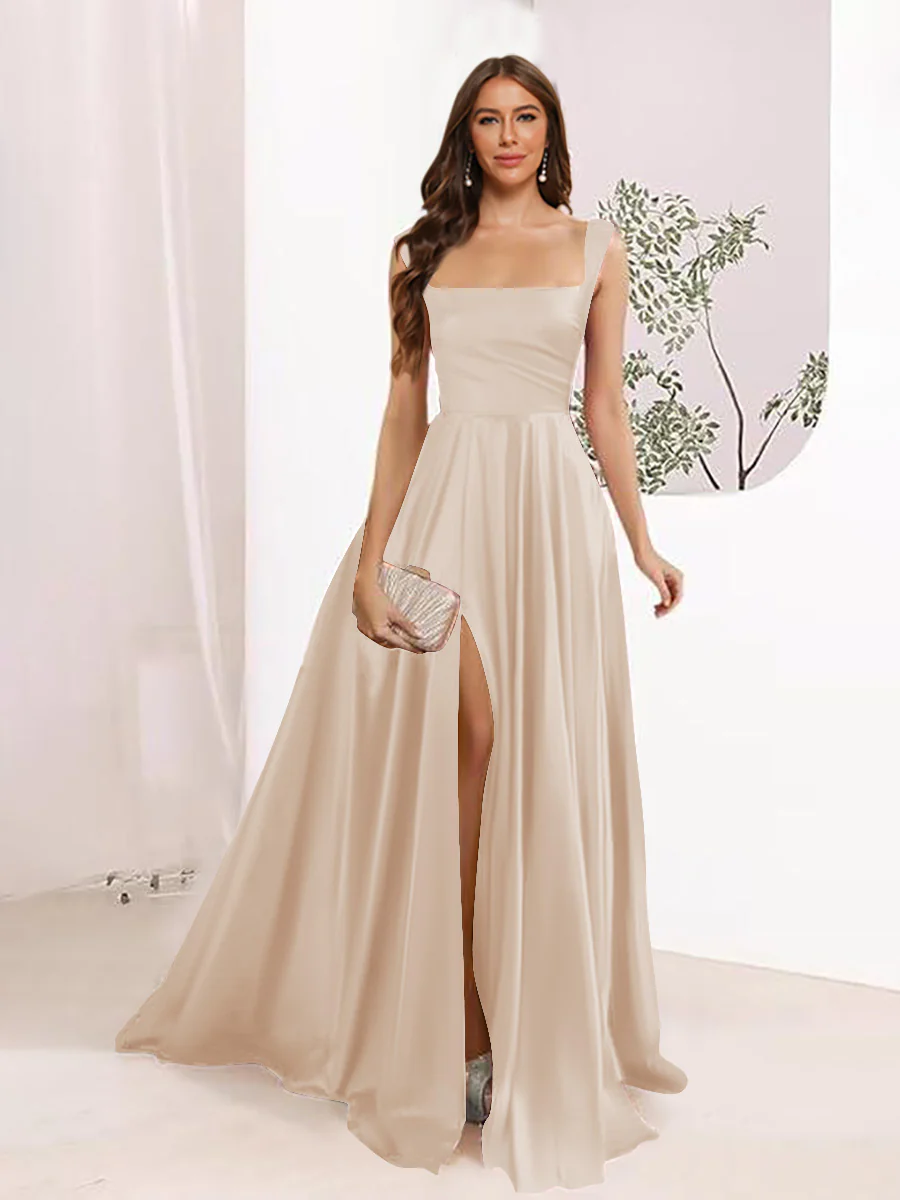 A-Line Square Neck Split Side Floor Length Bridesmaid Dresses - Image 23