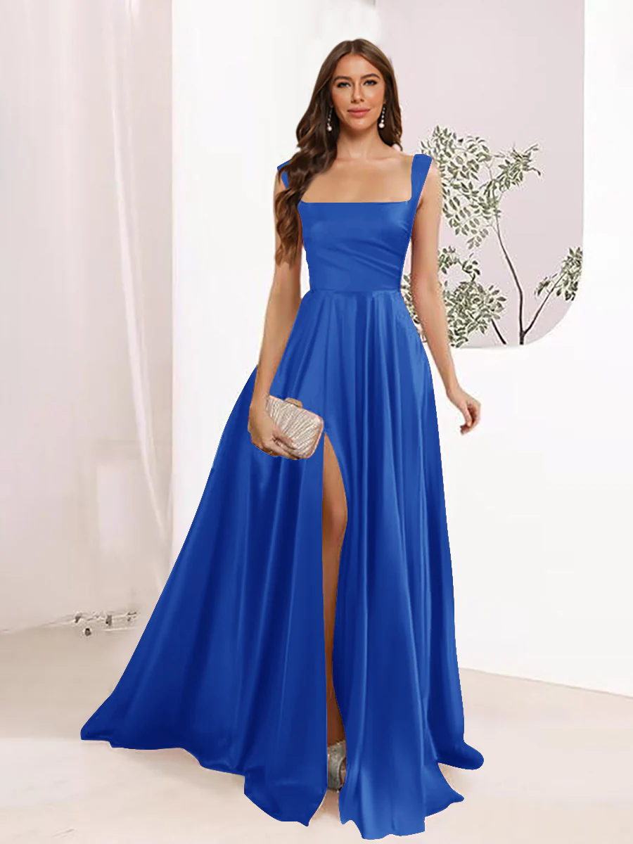 A-Line Square Neck Split Side Floor Length Bridesmaid Dresses - Image 43