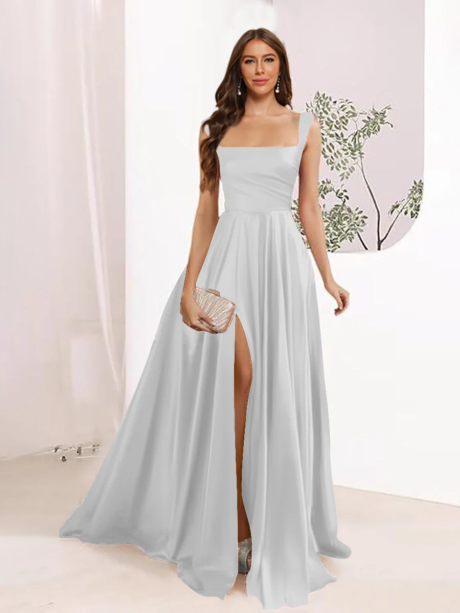 A-Line Square Neck Split Side Floor Length Bridesmaid Dresses - Image 45
