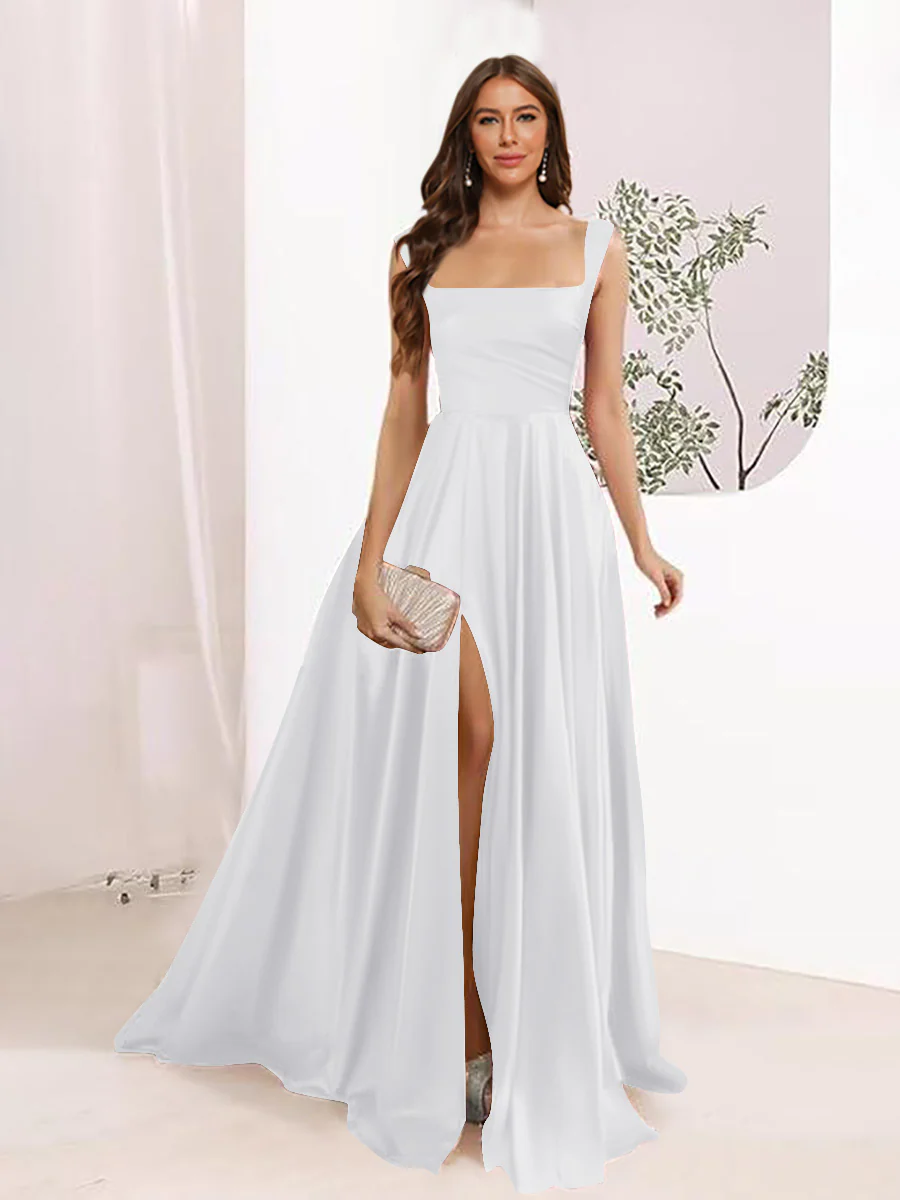 A-Line Square Neck Split Side Floor Length Bridesmaid Dresses - Image 53
