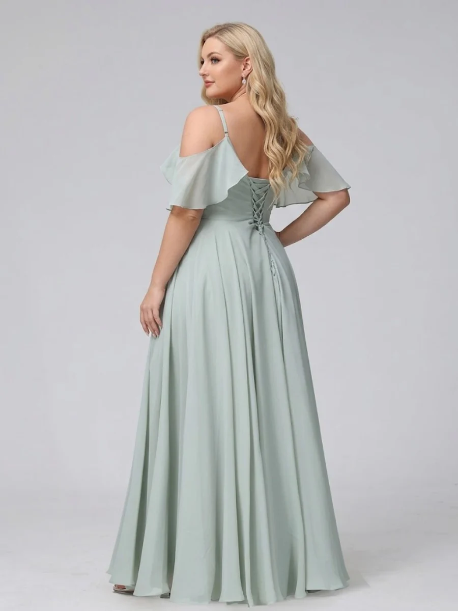 A-Line V-Neck Chiffon Long Plus Size Bridesmaid Dresses With Split Side & Spaghetti Straps - Image 2
