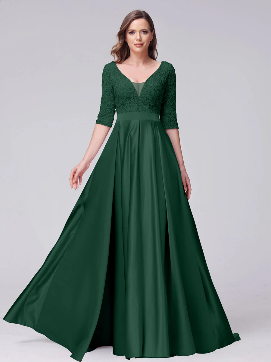 A-Line V-Neck Half Sleeves Applique Long Satin Bridesmaid Dresses With Split Side Pockets - Image 11