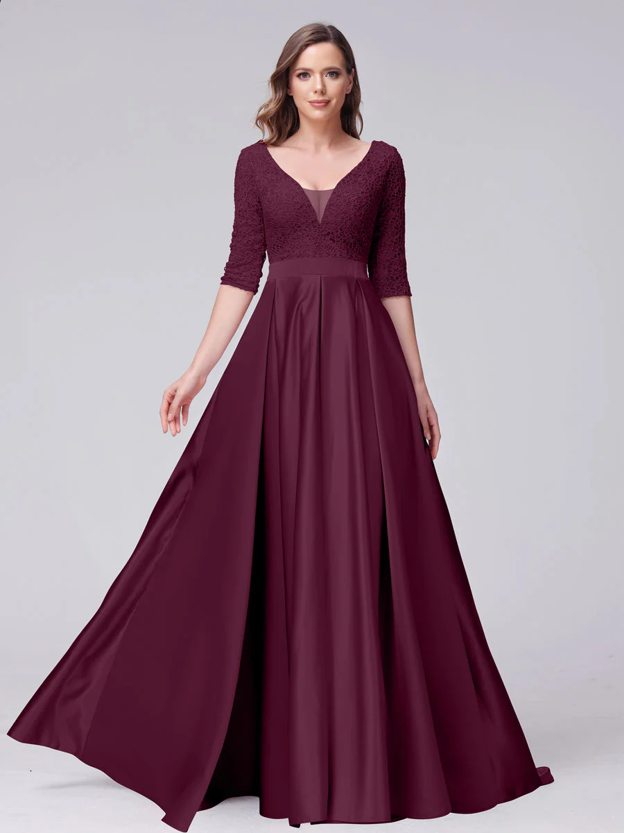 A-Line V-Neck Half Sleeves Applique Long Satin Bridesmaid Dresses With Split Side Pockets - Image 12