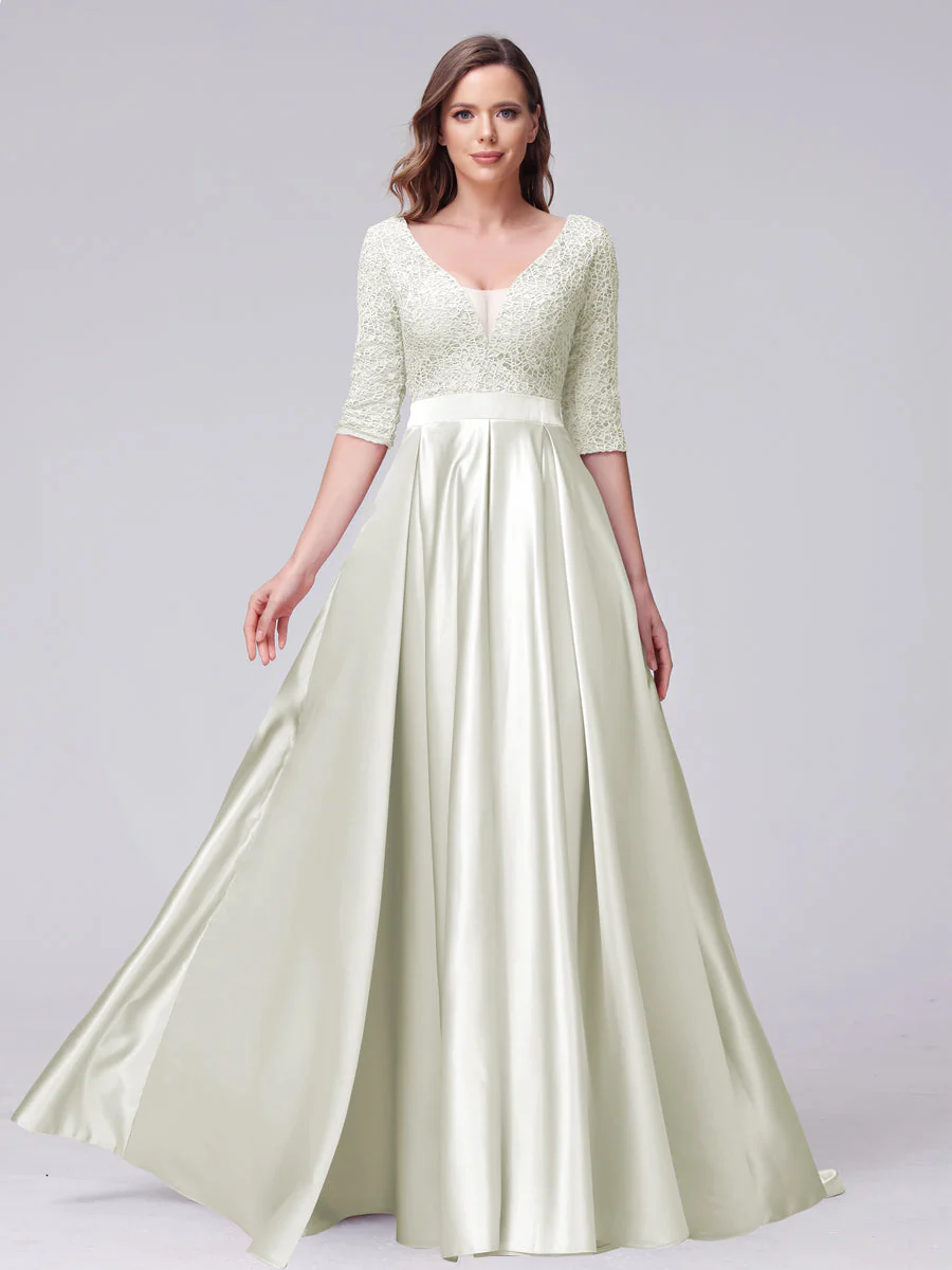 A-Line V-Neck Half Sleeves Applique Long Satin Bridesmaid Dresses With Split Side Pockets - Image 19