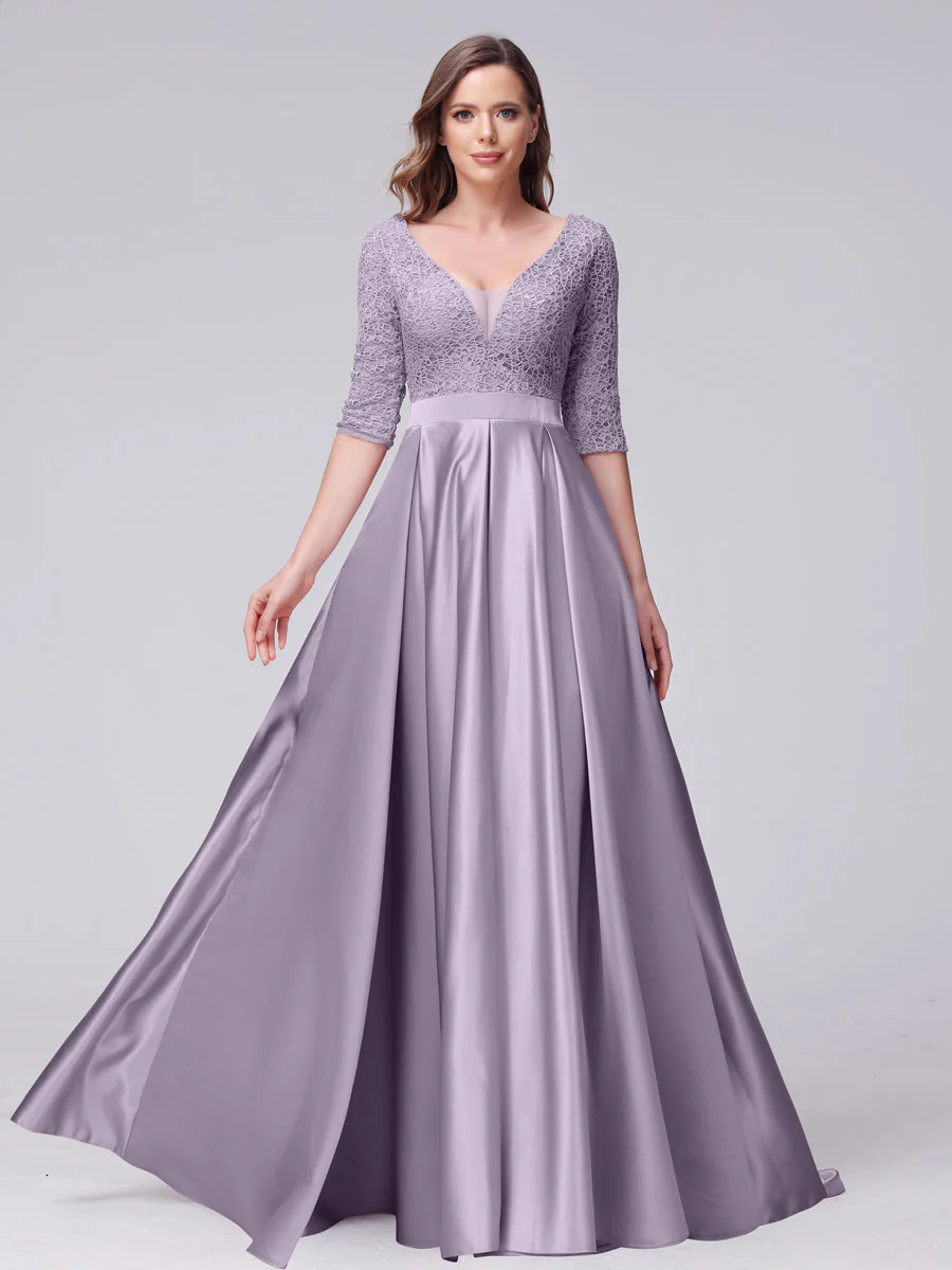 A-Line V-Neck Half Sleeves Applique Long Satin Bridesmaid Dresses With Split Side Pockets - Image 36