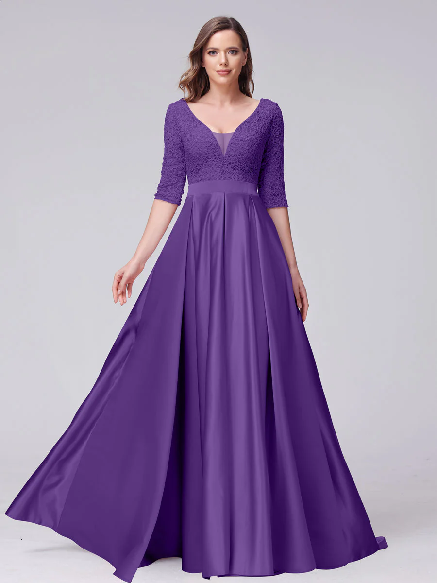 A-Line V-Neck Half Sleeves Applique Long Satin Bridesmaid Dresses With Split Side Pockets - Image 42