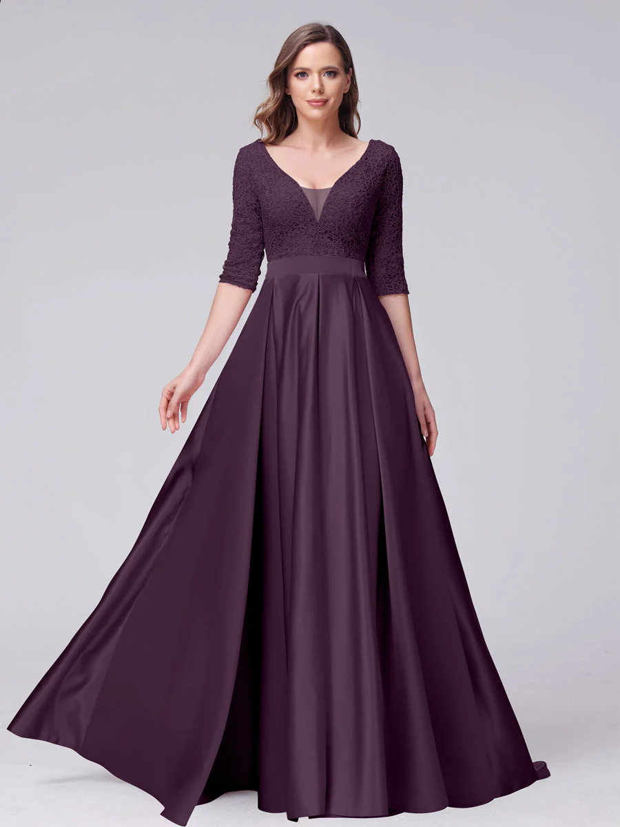 A-Line V-Neck Half Sleeves Applique Long Satin Bridesmaid Dresses With Split Side Pockets - Image 43