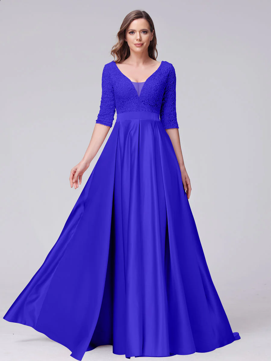 A-Line V-Neck Half Sleeves Applique Long Satin Bridesmaid Dresses With Split Side Pockets - Image 52