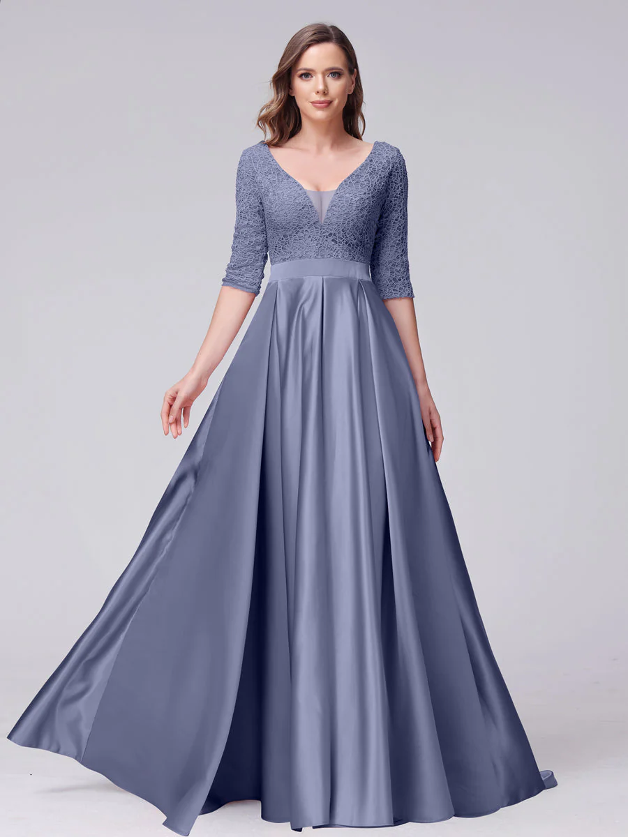 A-Line V-Neck Half Sleeves Applique Long Satin Bridesmaid Dresses With Split Side Pockets - Image 54