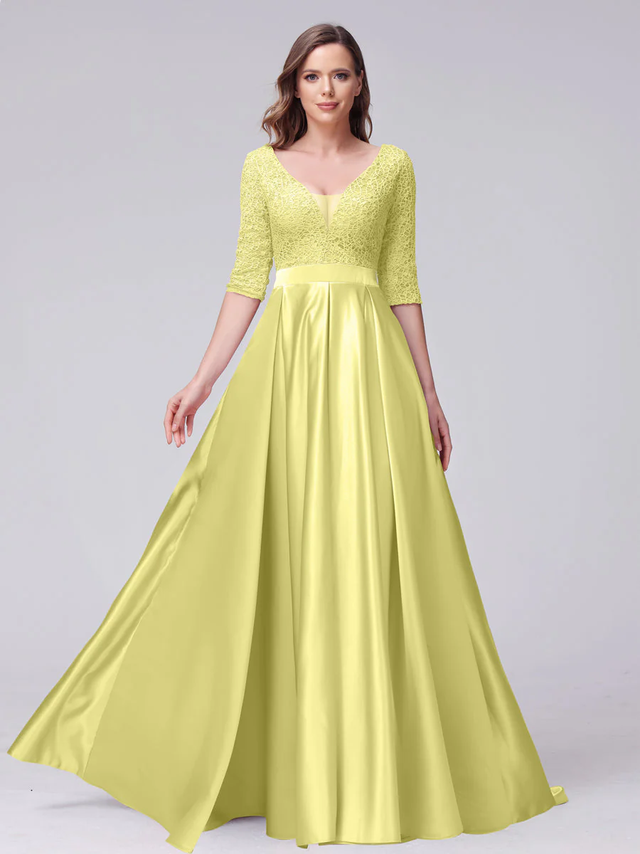 A-Line V-Neck Half Sleeves Applique Long Satin Bridesmaid Dresses With Split Side Pockets - Image 66