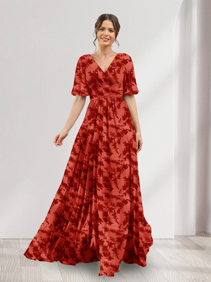 A-Line V-Neck Half Sleeves Floral Bridesmaid Dresses With Pockets & Split Side - Image 12