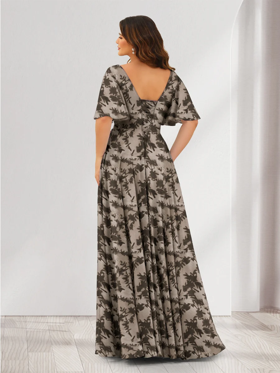 A-Line V-Neck Half Sleeves Floral Bridesmaid Dresses With Pockets & Split Side - Image 2