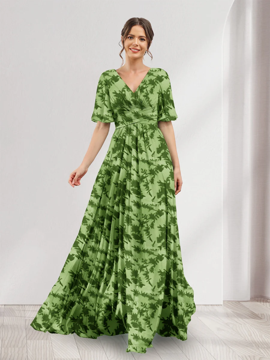 A-Line V-Neck Half Sleeves Floral Bridesmaid Dresses With Pockets & Split Side - Image 7