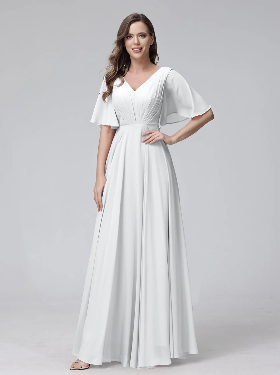 A-Line V-Neck Half Sleeves Long Chiffon Bridesmaid Dresses With Ruffles Pockets - Image 19