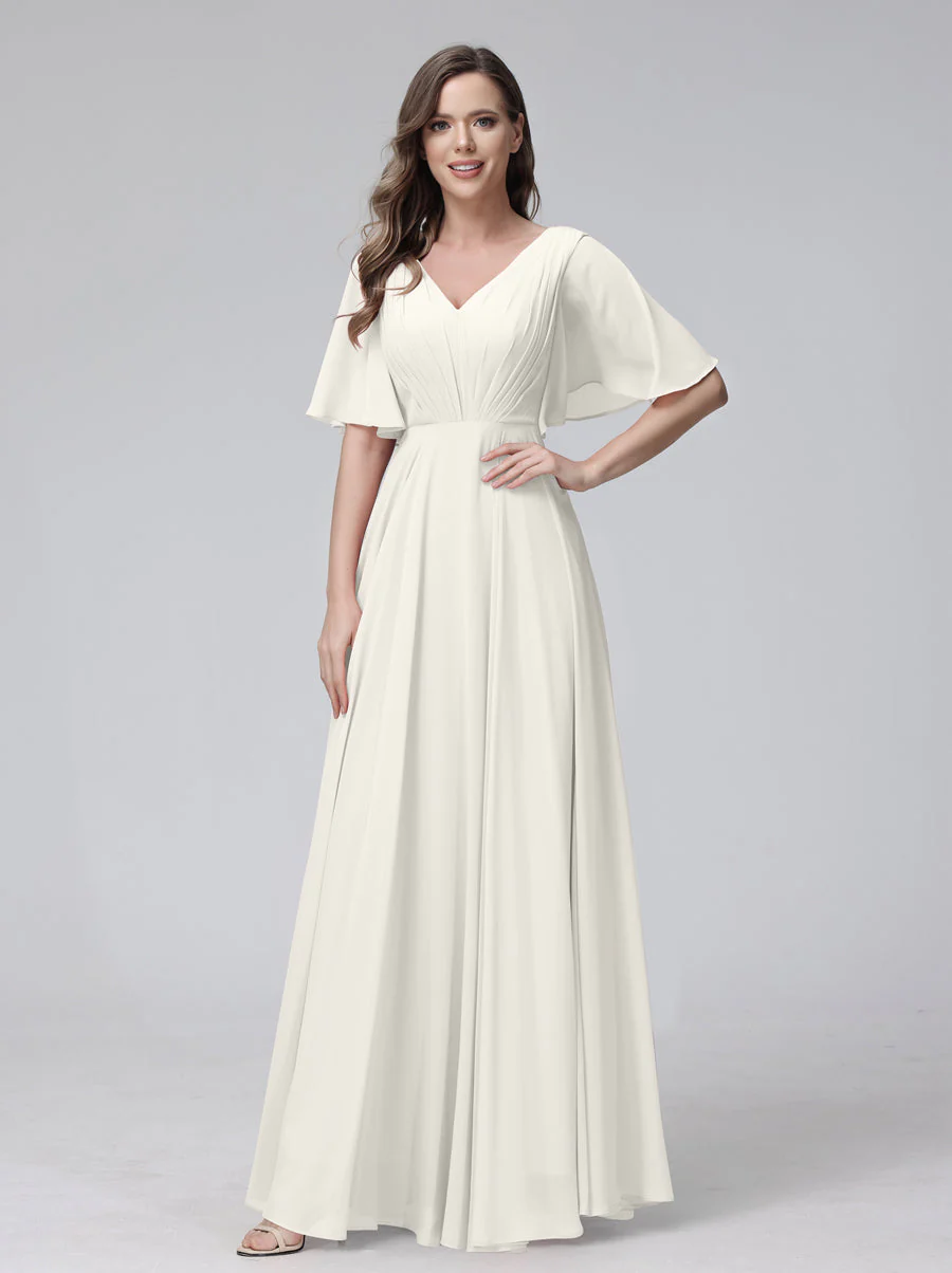 A-Line V-Neck Half Sleeves Long Chiffon Bridesmaid Dresses With Ruffles Pockets - Image 21