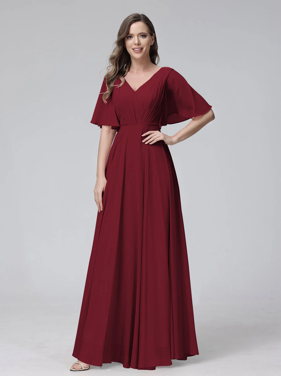 A-Line V-Neck Half Sleeves Long Chiffon Bridesmaid Dresses With Ruffles Pockets - Image 37