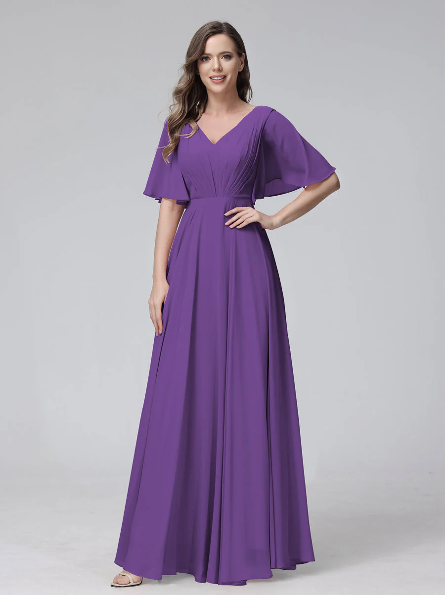 A-Line V-Neck Half Sleeves Long Chiffon Bridesmaid Dresses With Ruffles Pockets - Image 42