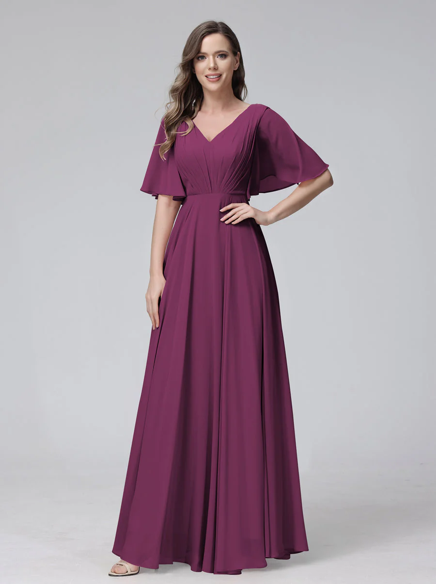 A-Line V-Neck Half Sleeves Long Chiffon Bridesmaid Dresses With Ruffles Pockets - Image 44