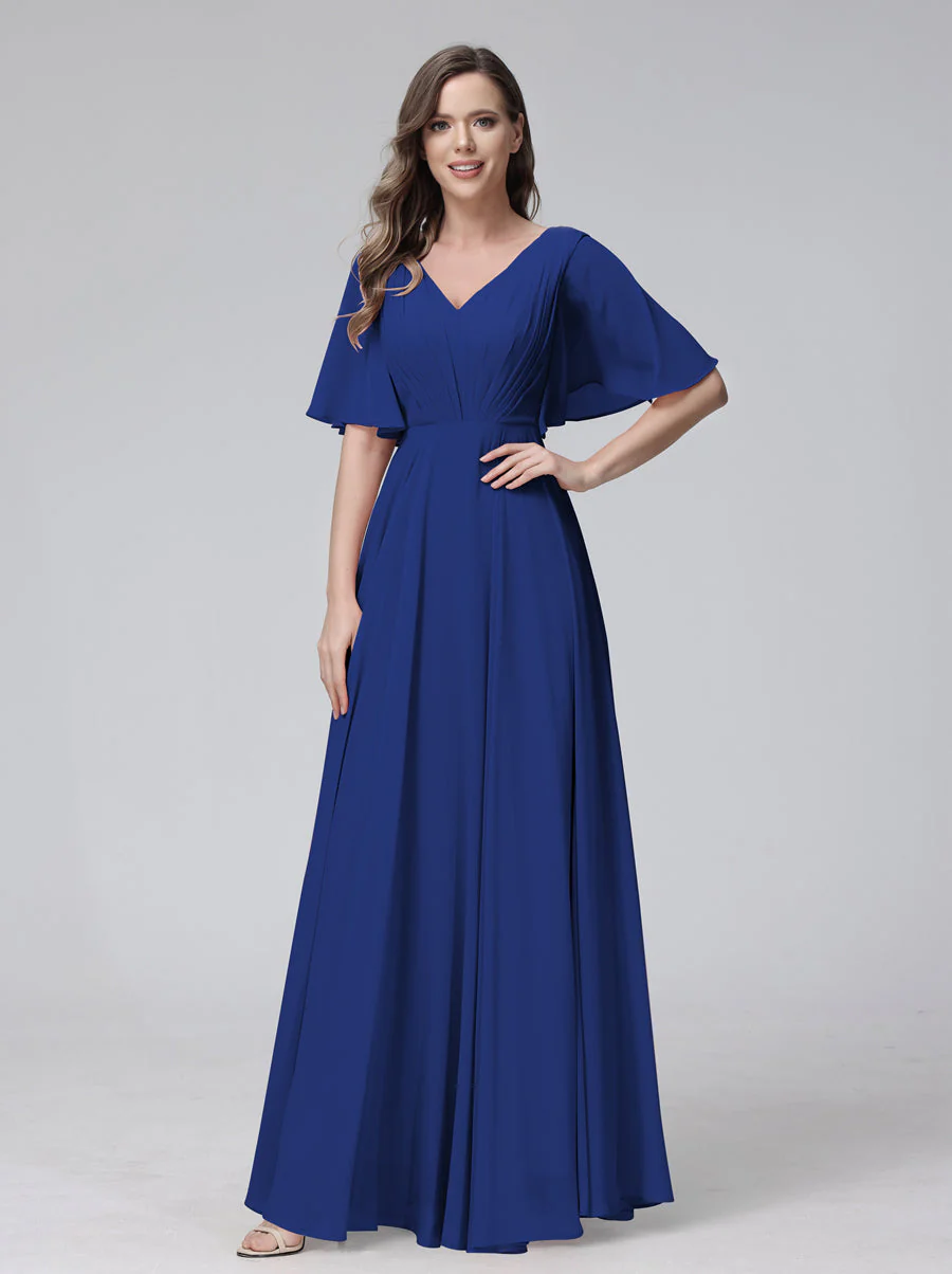 A-Line V-Neck Half Sleeves Long Chiffon Bridesmaid Dresses With Ruffles Pockets - Image 56