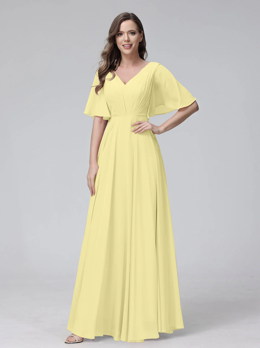 A-Line V-Neck Half Sleeves Long Chiffon Bridesmaid Dresses With Ruffles Pockets - Image 69