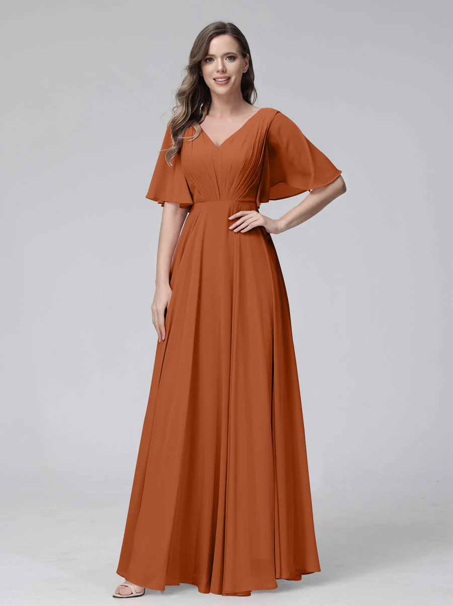 A-Line V-Neck Half Sleeves Long Chiffon Bridesmaid Dresses With Ruffles Pockets - Image 9