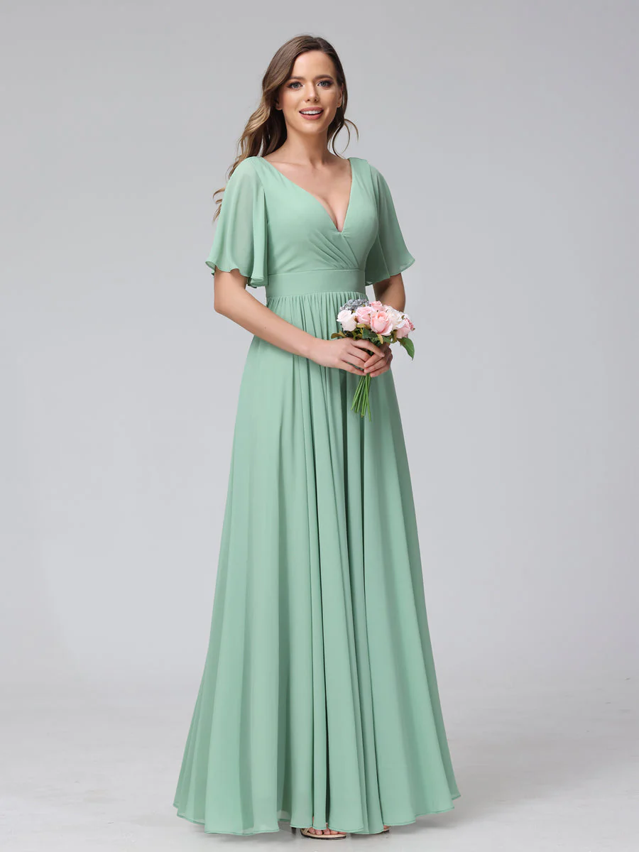A-Line V-Neck Half Sleeves Long Chiffon Bridesmaid Dresses with Ruffles Split Side Pockets - Image 3