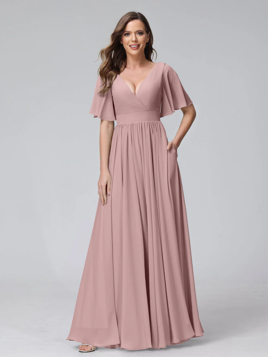 A-Line V-Neck Half Sleeves Long Chiffon Bridesmaid Dresses with Ruffles Split Side Pockets - Image 30