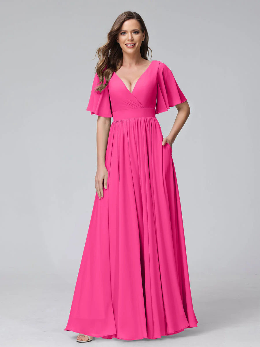 A-Line V-Neck Half Sleeves Long Chiffon Bridesmaid Dresses with Ruffles Split Side Pockets - Image 33