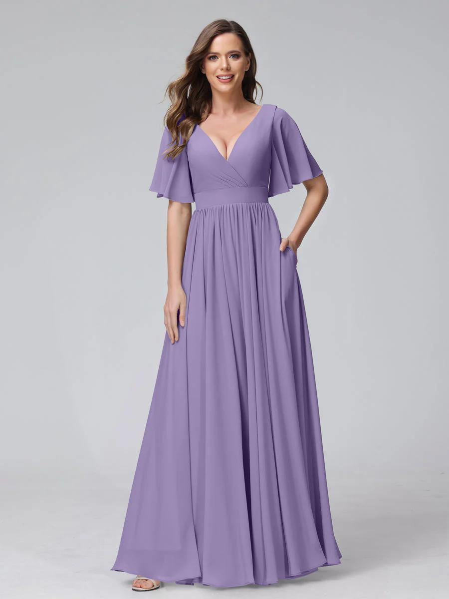 A-Line V-Neck Half Sleeves Long Chiffon Bridesmaid Dresses with Ruffles Split Side Pockets - Image 41