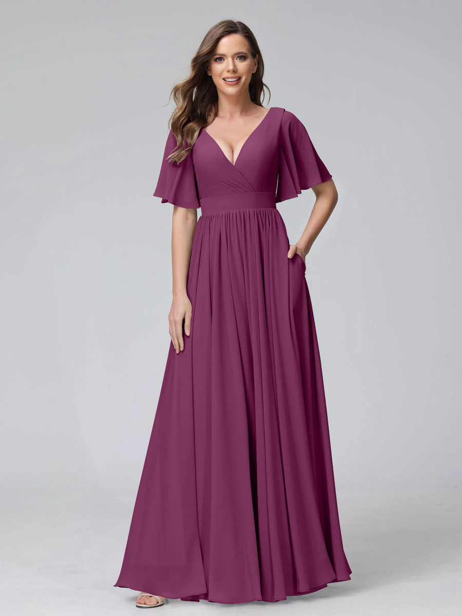 A-Line V-Neck Half Sleeves Long Chiffon Bridesmaid Dresses with Ruffles Split Side Pockets - Image 44