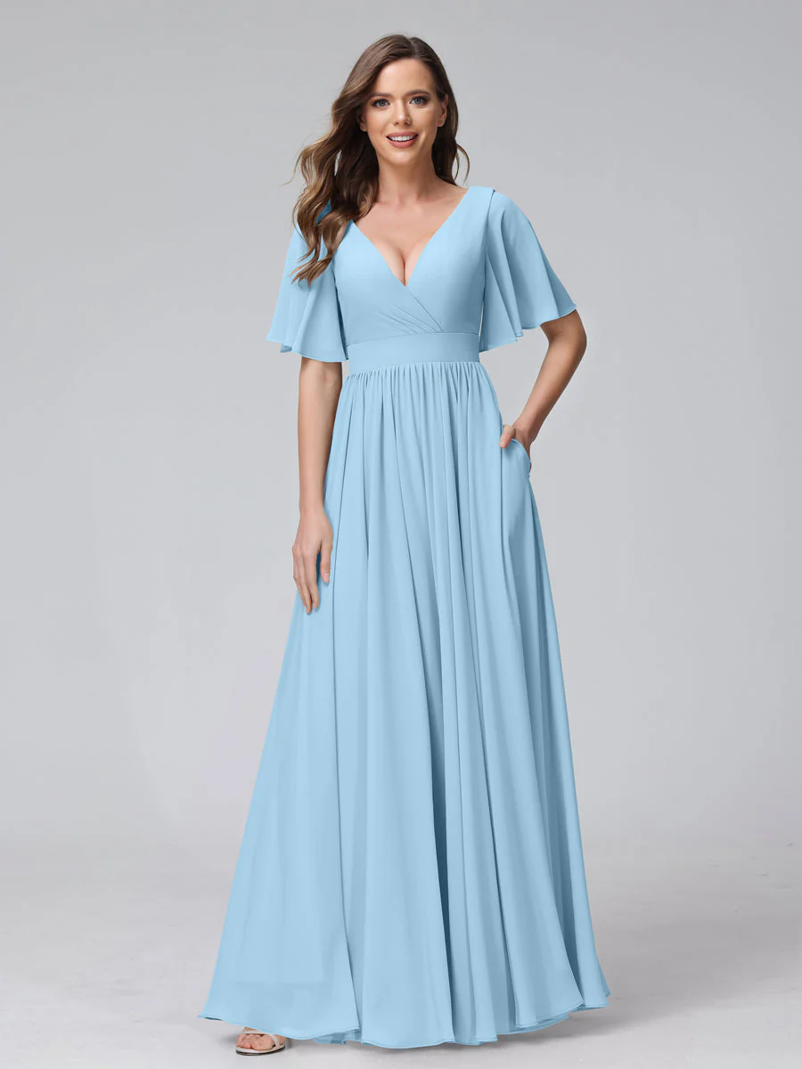 A-Line V-Neck Half Sleeves Long Chiffon Bridesmaid Dresses with Ruffles Split Side Pockets - Image 50