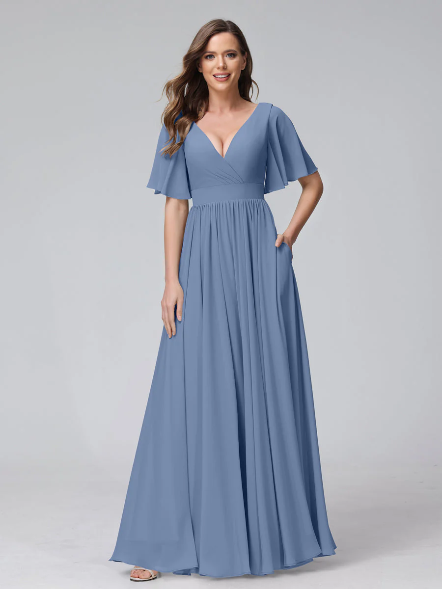 A-Line V-Neck Half Sleeves Long Chiffon Bridesmaid Dresses with Ruffles Split Side Pockets - Image 51
