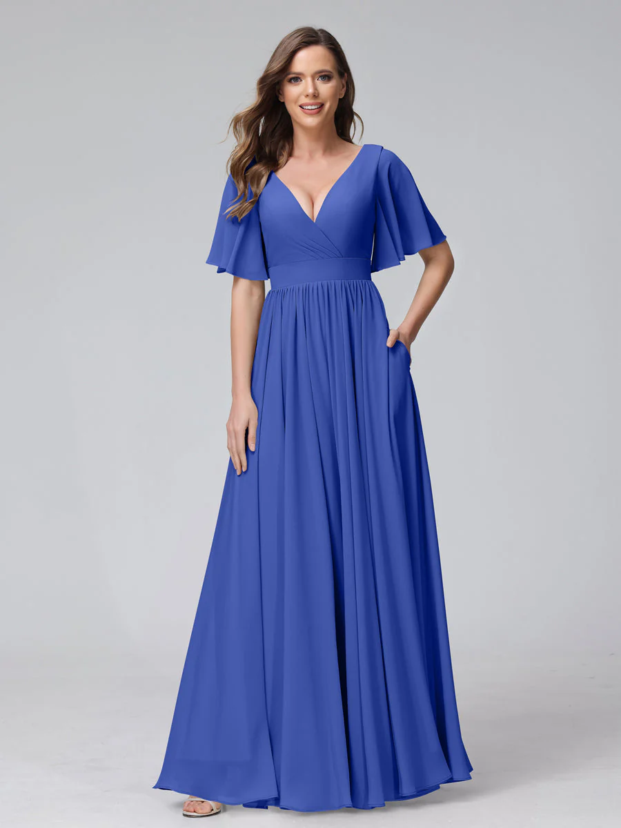 A-Line V-Neck Half Sleeves Long Chiffon Bridesmaid Dresses with Ruffles Split Side Pockets - Image 54