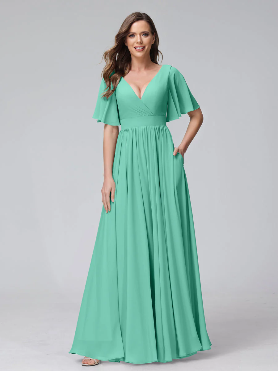 A-Line V-Neck Half Sleeves Long Chiffon Bridesmaid Dresses with Ruffles Split Side Pockets - Image 62