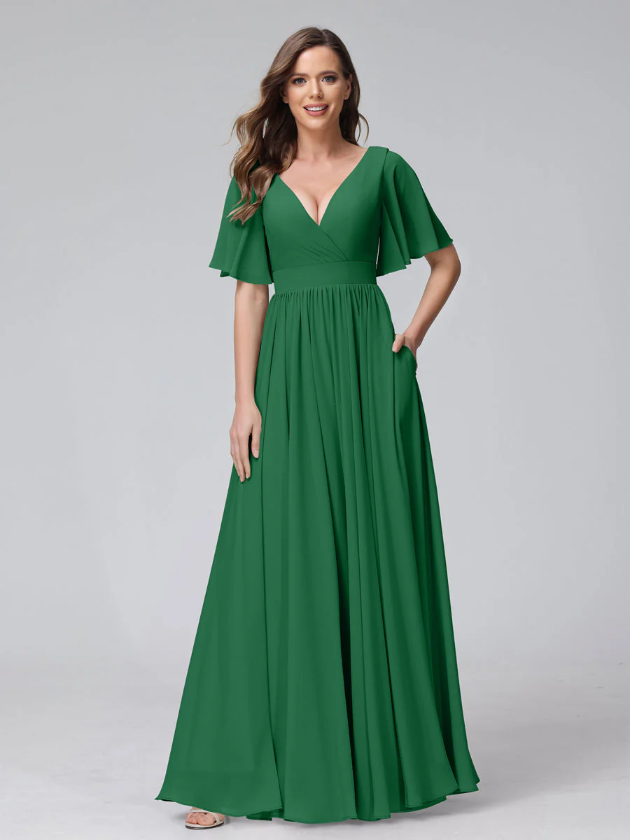 A-Line V-Neck Half Sleeves Long Chiffon Bridesmaid Dresses with Ruffles Split Side Pockets - Image 67