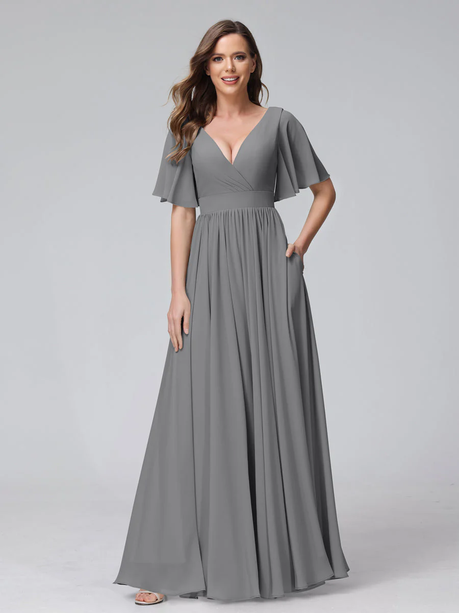 A-Line V-Neck Half Sleeves Long Chiffon Bridesmaid Dresses with Ruffles Split Side Pockets - Image 75