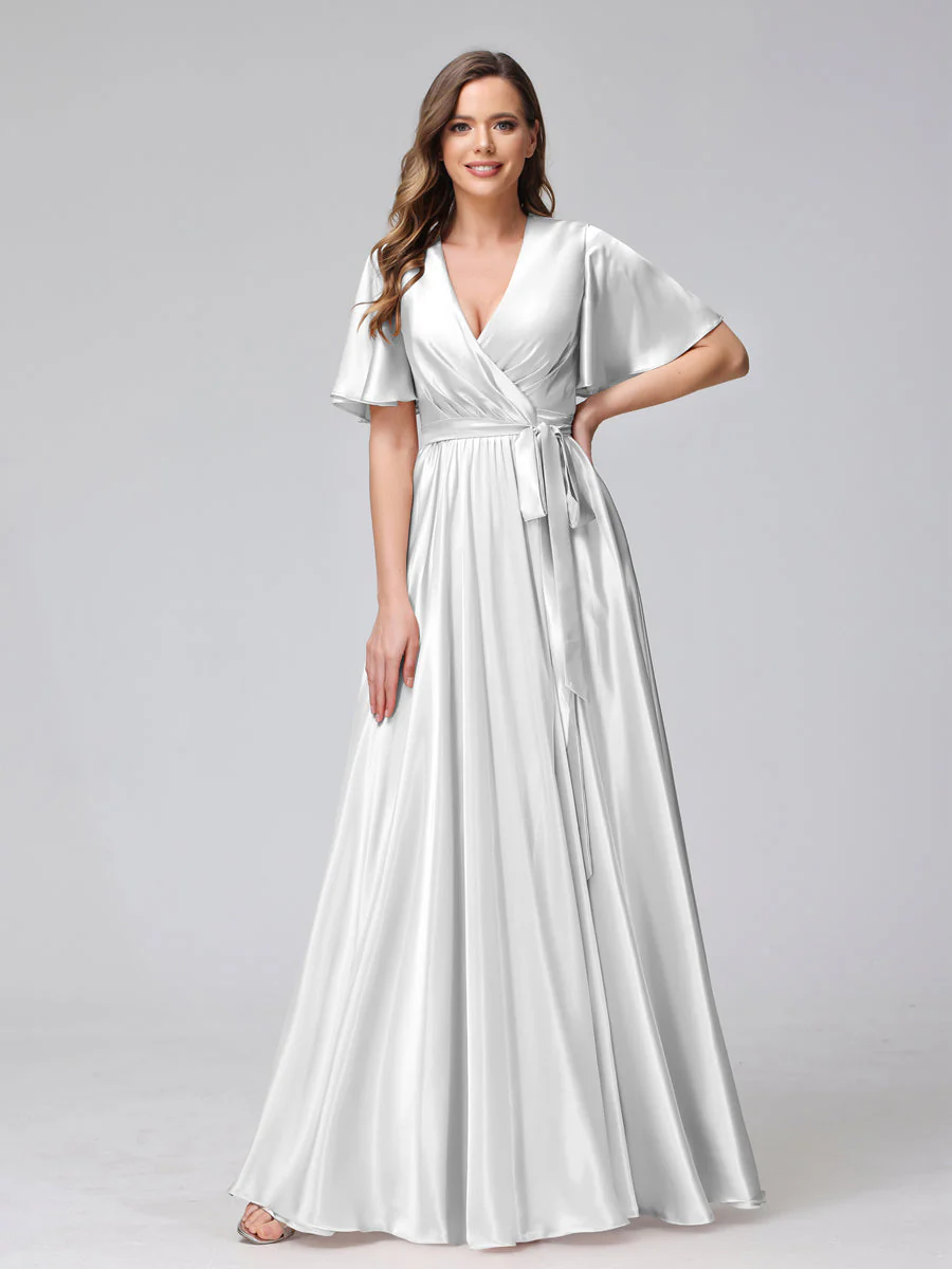 A-Line V-Neck Half Sleeves Long Silk Satin Bridesmaid Dresses With Ruffles Split Side - Image 15
