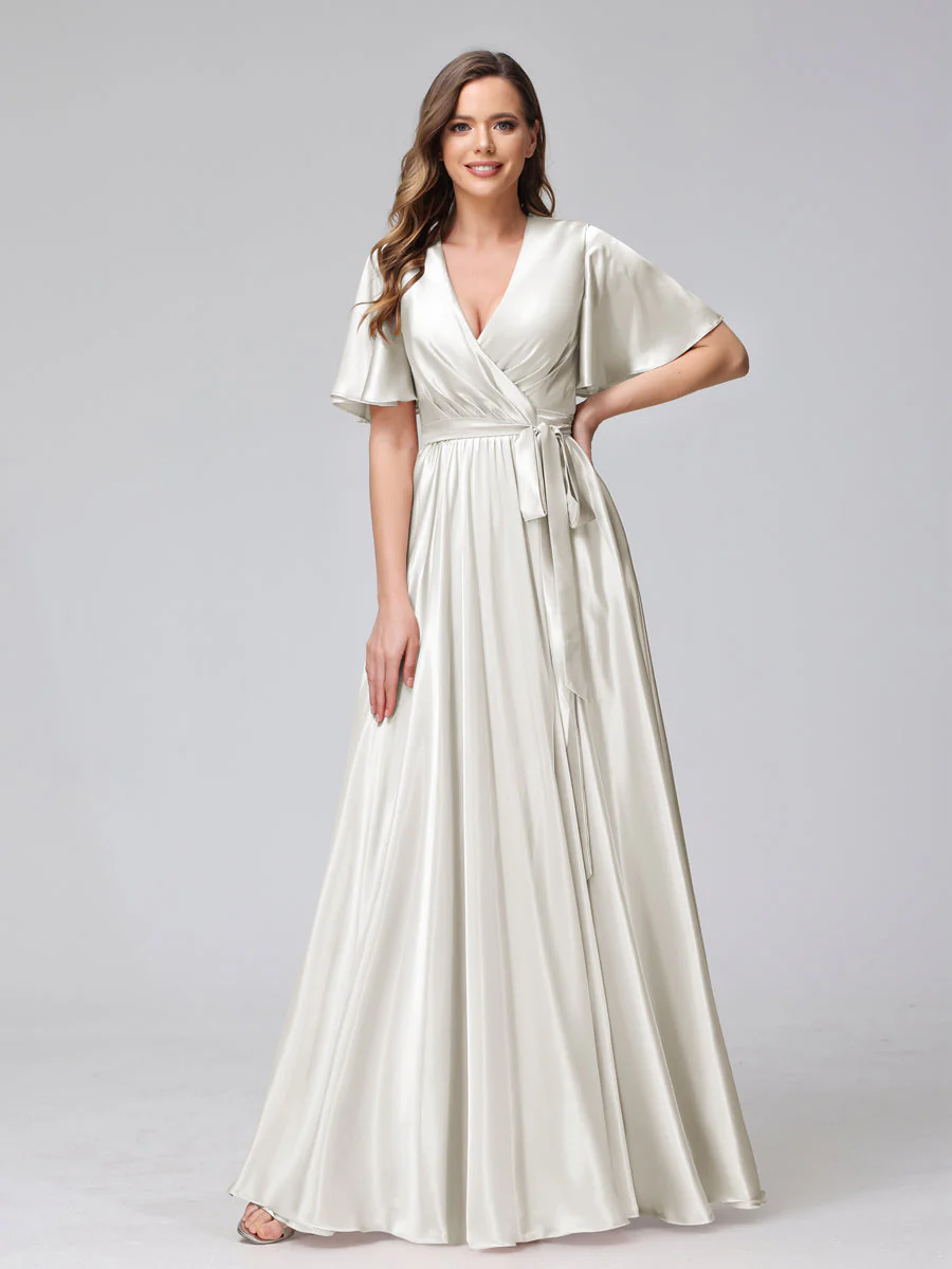 A-Line V-Neck Half Sleeves Long Silk Satin Bridesmaid Dresses With Ruffles Split Side - Image 16
